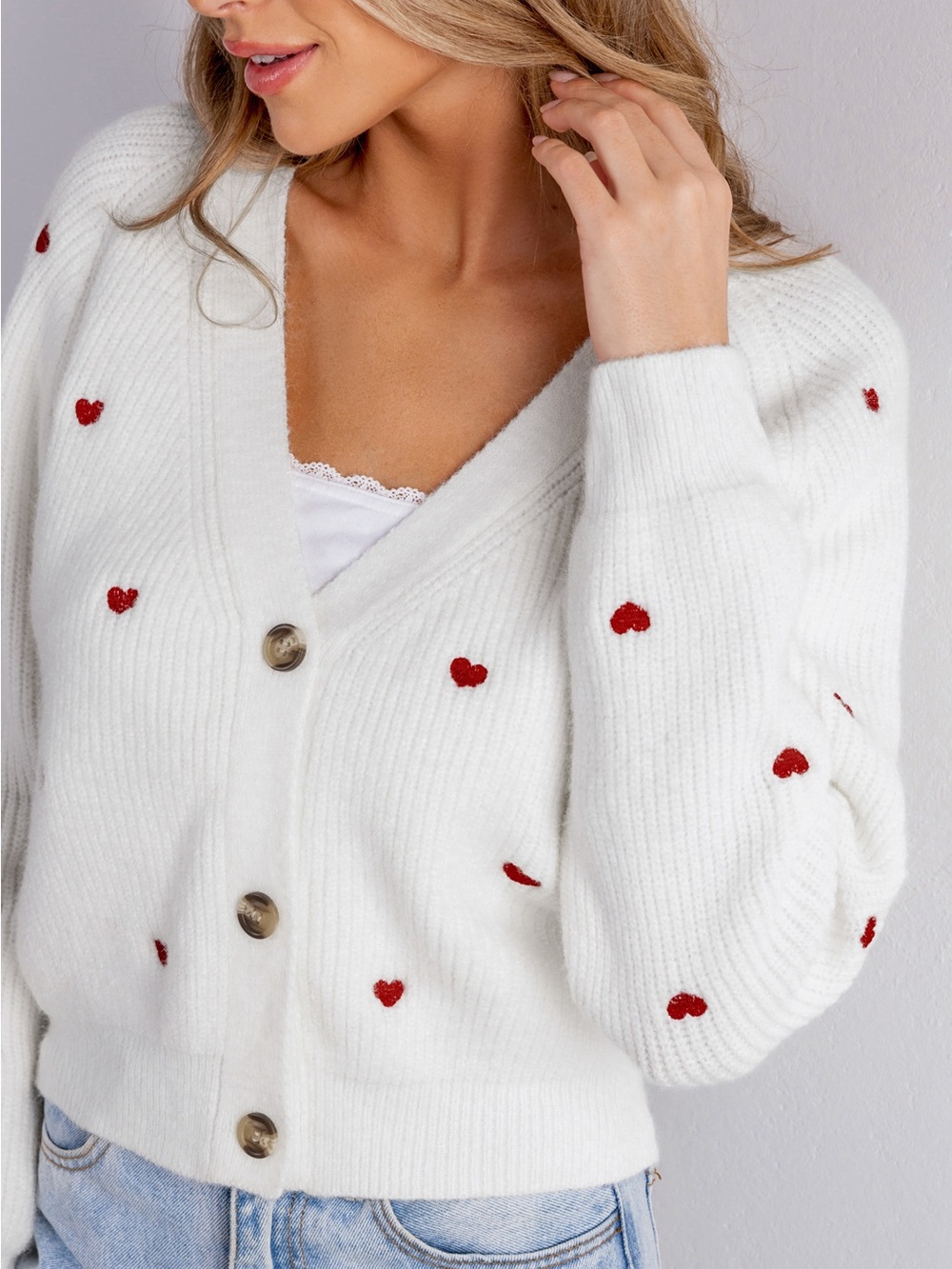 Petal & Pup Cream Cardigan with Red Heart Motif